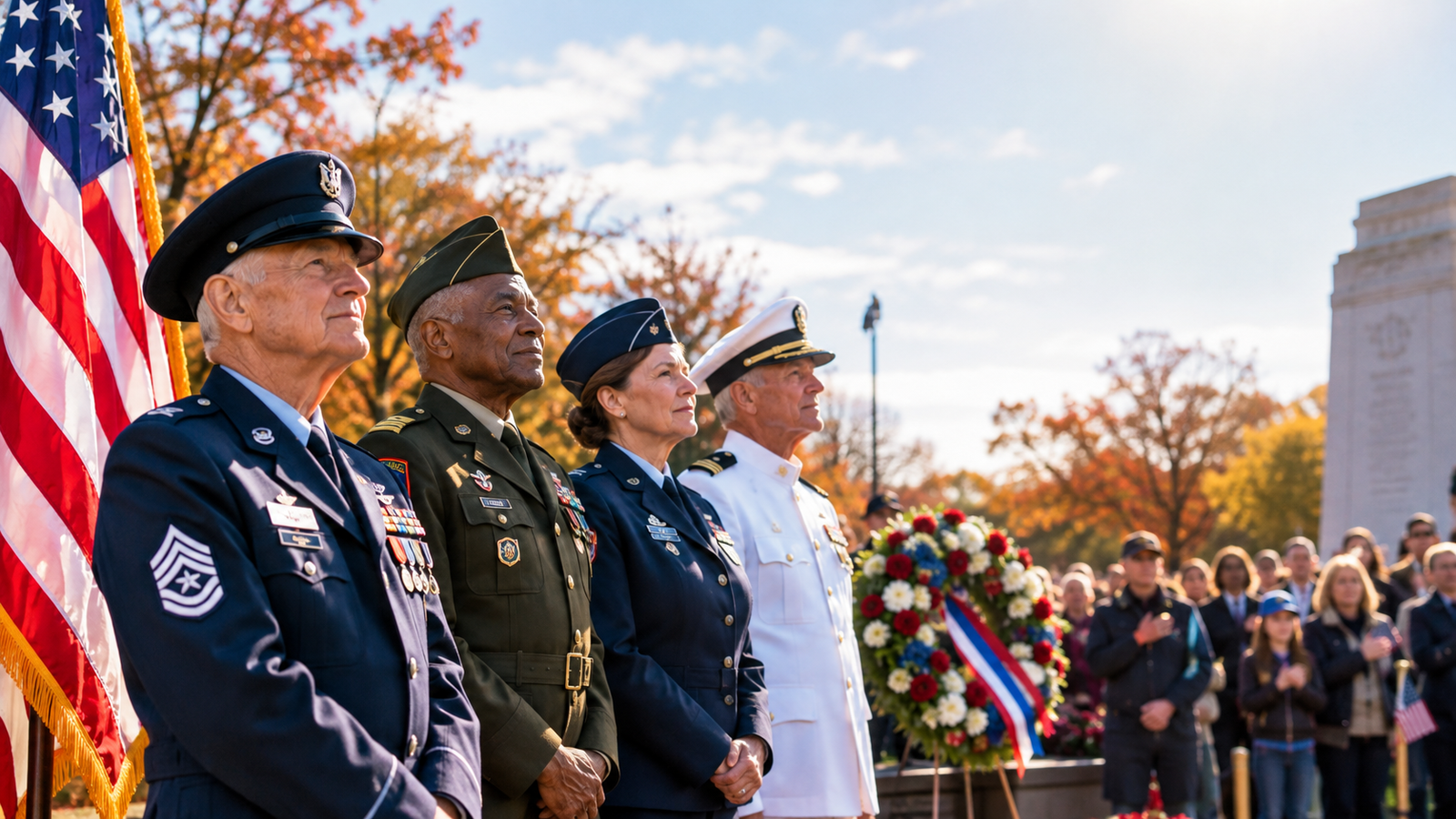 Veterans Day 2026 ceremony honoring American military veterans with the U.S. flag