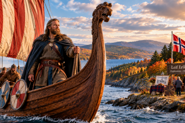 Leif Erikson and a Norse longship representing Leif Erikson Day and early Norse exploration of North America