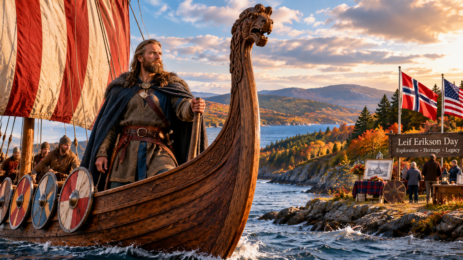 Leif Erikson and a Norse longship representing Leif Erikson Day and early Norse exploration of North America